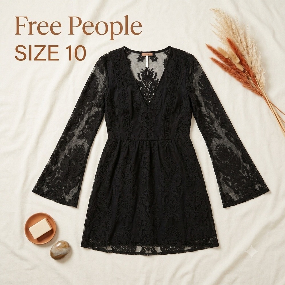 Free‎ People Romantic Gothic Lace Long Sleeve Mini Dress Womens Size 10
